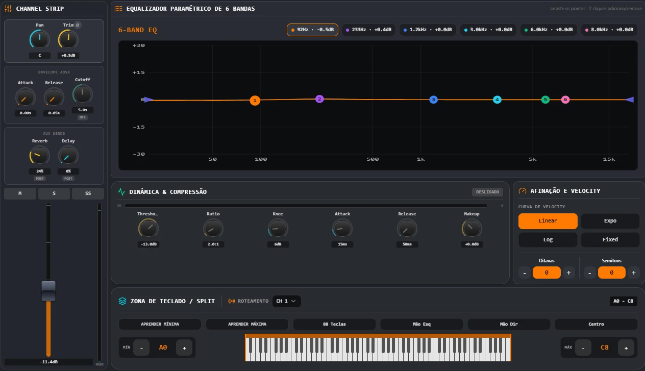 Tela de edição de canal do Encorde Live com equalizador de 6 bandas, compressor, envelope ADSR e zona de teclado